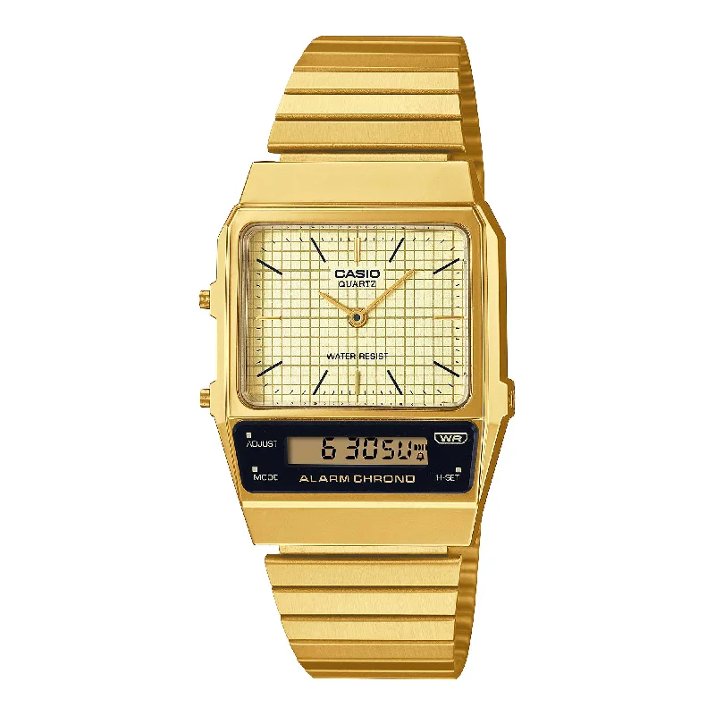 Casio Vintage Style Analog-Digital Dual Time Gold Ion Plated Stainless Steel Band Watch AQ800EG-9A AQ-800EG-9A