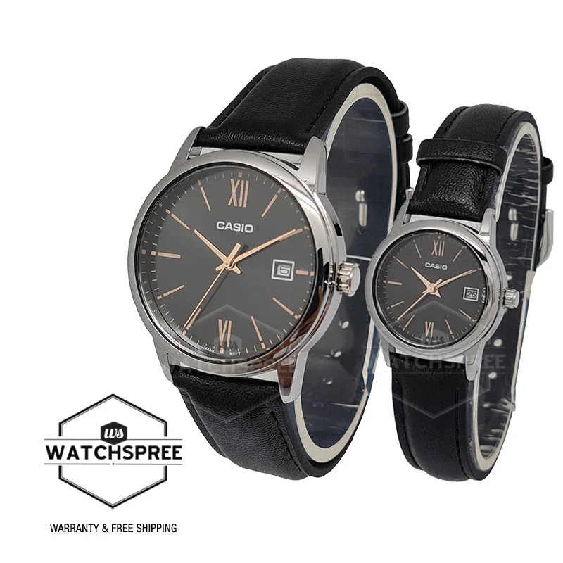 Casio Couple Black Leather Strap Watch LTPV002L-1B3 MTPV002L-1B3 [Couple Watch Set]