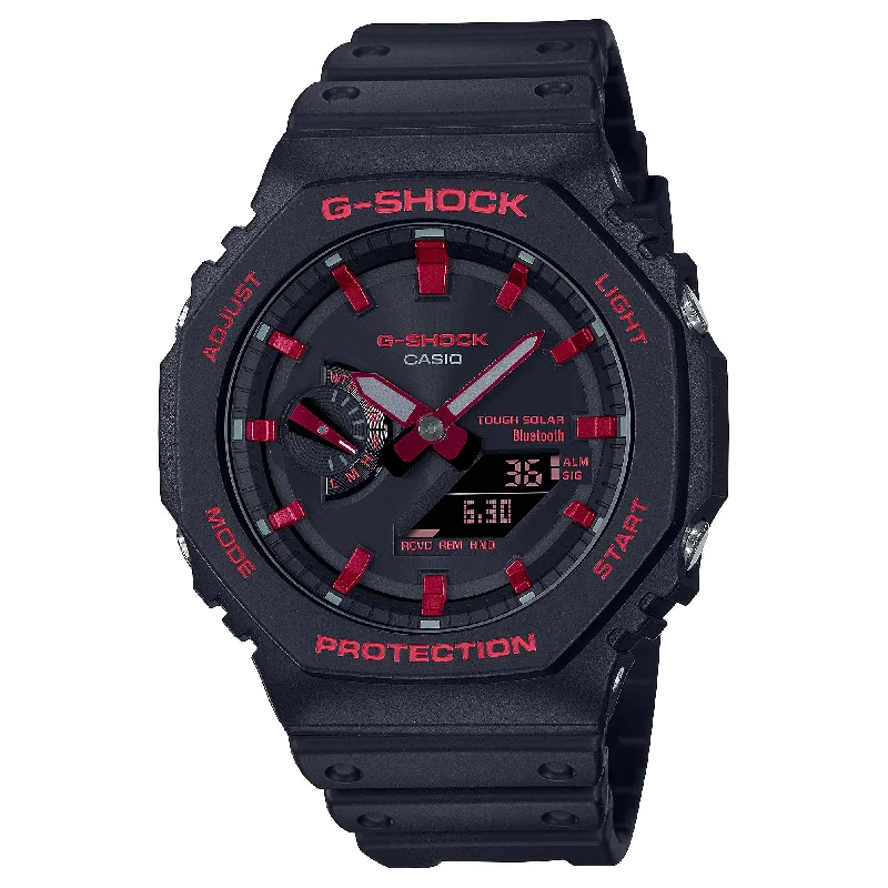 Casio G-Shock Carbon Core Guard Structure Bluetooth® Solar Powered GA-2100 Lineup Black and Fiery Red Series Black Resin Band Watch GAB2100BNR-1A GA-B2100BNR-1A