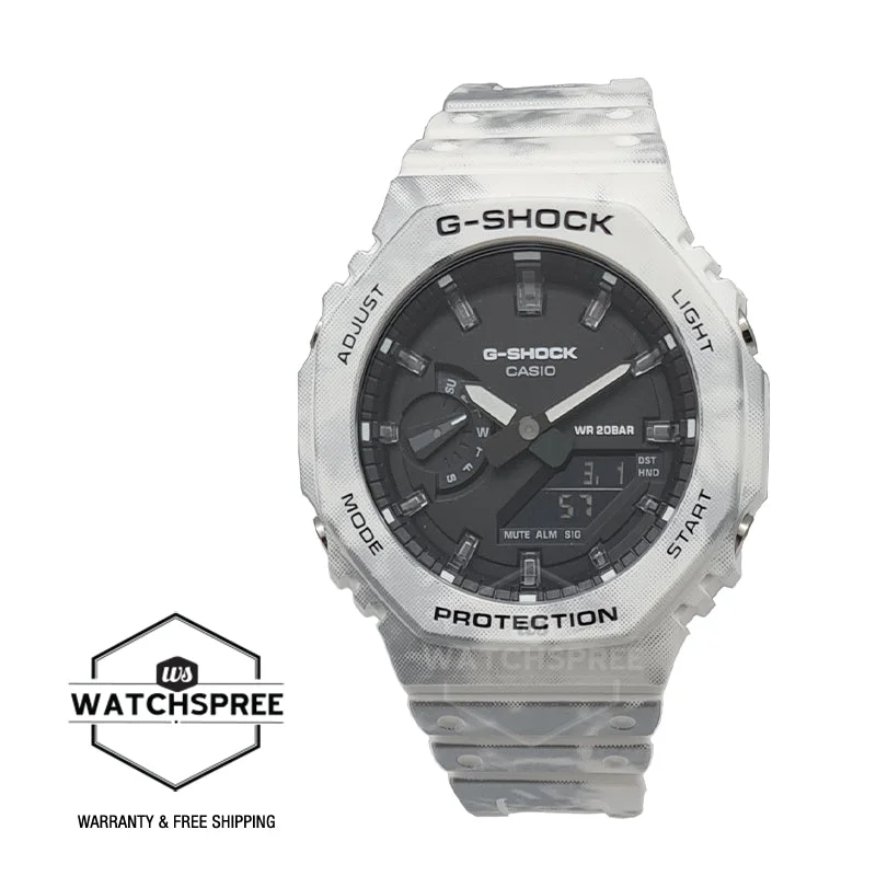 Casio G-Shock Frozen Forest Carbon Core Guard Structure White Camouflage Pattern Resin Band Watch GAE2100GC-7A GAE-2100GC-7A