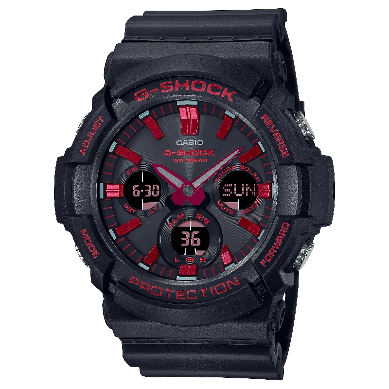 Casio G-Shock GAS-100 Lineup Tough Solar Black and Fiery Red Series Black Resin Band Watch GAS100BNR-1A GAS-100BNR-1A