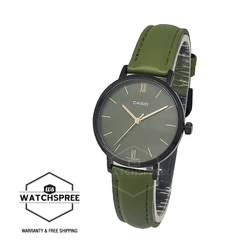 Casio Ladies' Analog Green Leather Strap Watch LTPVT02BL-3A LTP-VT02BL-3A