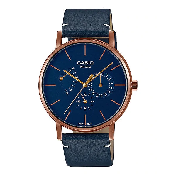 Casio Men's Analog Blue Leather Strap Watch MTPE320RL-2E MTP-E320RL-2E