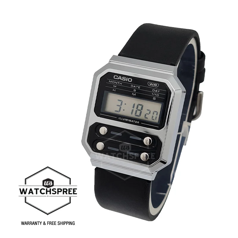 Casio Vintage Style Digital Black Leather Strap Watch A100WEL-1A