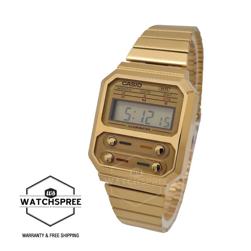 Casio Vintage Style Digital Gold Ion Plated Stainless Steel Band Watch A100WEG-9A