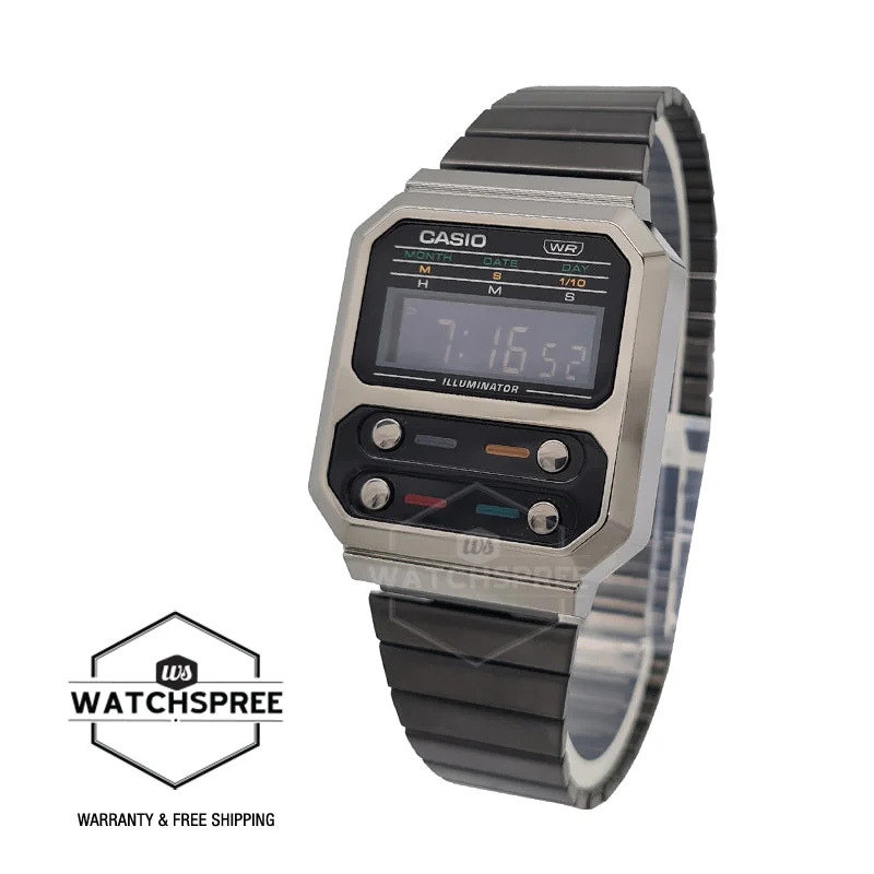 Casio Vintage Style Digital Grey Ion Plated Stainless Steel Band Watch A100WEGG-1A