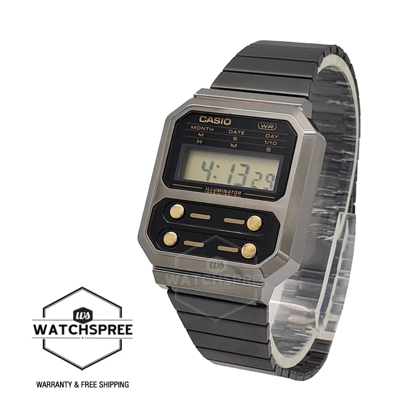 Casio Vintage Style Digital Grey Ion Plated Stainless Steel Band Watch A100WEGG-1A2