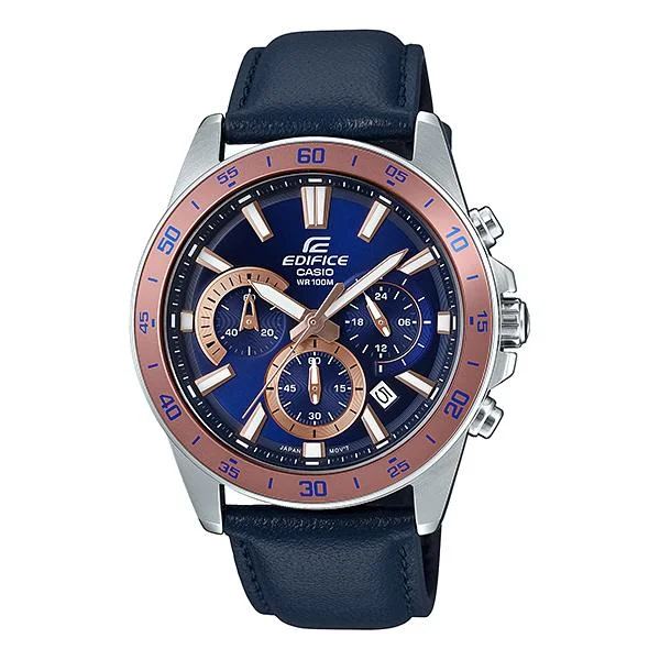 Casio Edifice Standard Chronograph Dark Blue Leather Strap Watch EFV570L-2B EFV-570L-2B