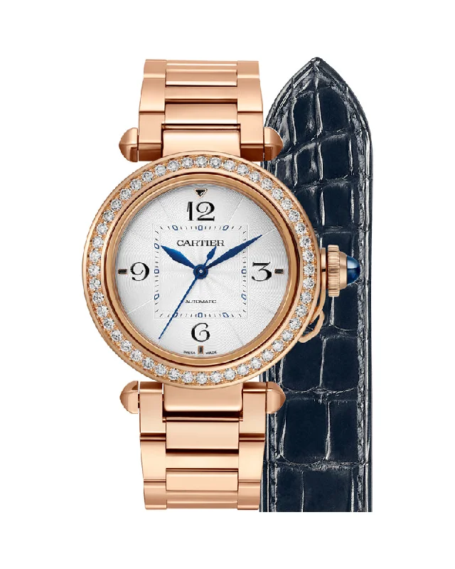 PASHA DE CARTIER, 35 MM, AUTOMATIC MOVEMENT, ROSE GOLD, DIAMONDS, INTERCHANGEABLE METAL AND LEATHER STRAPS