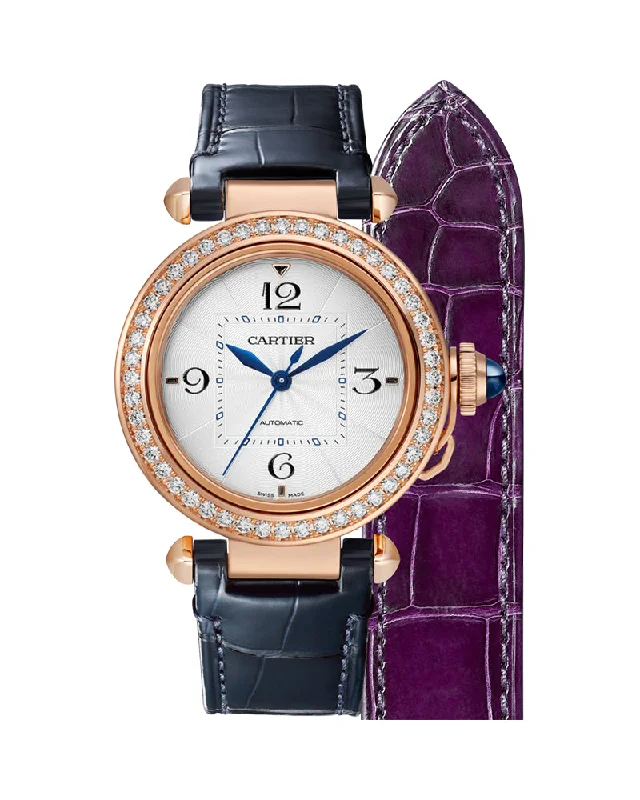 PASHA DE CARTIER, 35 MM, AUTOMATIC MOVEMENT, ROSE GOLD, DIAMONDS, 2 INTERCHANEABLE LEATHER STRAPS