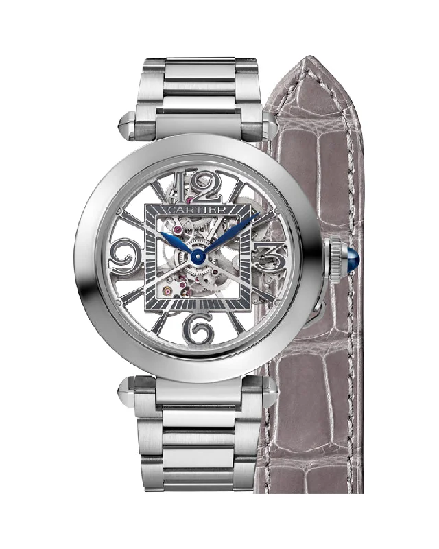 PASHA DE CARTIER, SKELETON, 41 MM, AUTOMATIC MOVEMENT, STEEL, INTERCHANGEABLE METAL AND LEATHER STRAPS