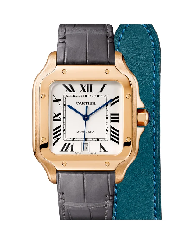 SANTOS DE CARTIER, LARGE, AUTOMATIC, ROSE GOLD, TWO INTERCHANGEABLE LEATHER BRACELETS