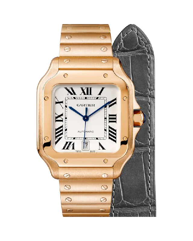 SANTOS DE CARTIER, LARGE, AUTOMATIC, ROSE GOLD, INTERCHANGEABLE METAL AND LEATHER BRACELETS