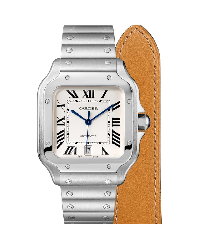 SANTOS DE CARTIER, LARGE, AUTOMATIC, STEEL, INTERCHANGEABLE METAL AND LEATHER BRACELETS