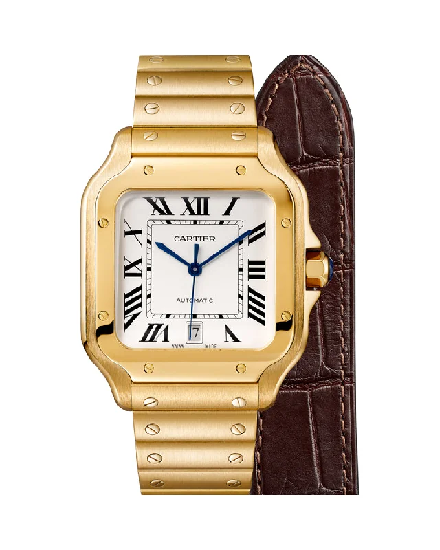 SANTOS DE CARTIER, LARGE, AUTOMATIC, YELLOW GOLD, INTERCHANGEABLE METAL AND LEATHER BRACELETS