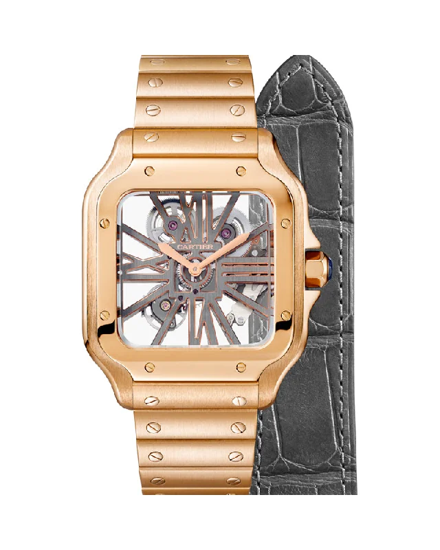 SANTOS DE CARTIER, SKELETON, LARGE, MANUAL, ROSE GOLD, INTERCHANGEABLE METAL AND LEATHER BRACELETS