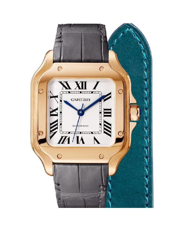 SANTOS DE CARTIER, MEDIUM, AUTOMATIC, ROSE GOLD, TWO INTERCHANGEABLE LEATHER BRACELETS