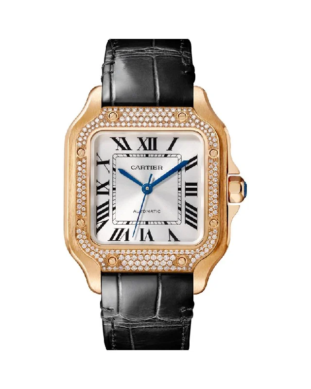 SANTOS DE CARTIER, MEDIUM, AUTOMATIC, ROSE GOLD, DIAMONDS, TWO INTERCHANGEABLE LEATHER BRACELETS