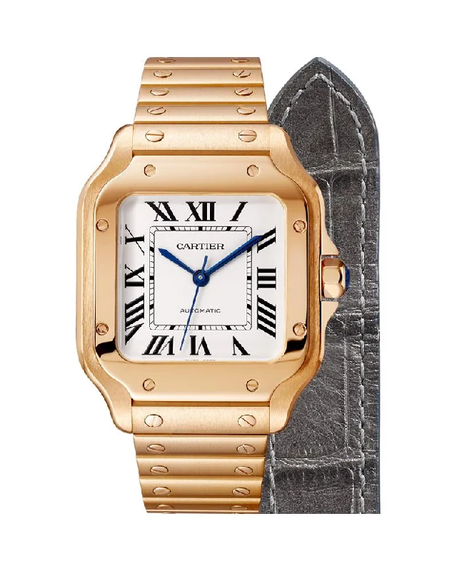 SANTOS DE CARTIER, MEDIUM, AUTOMATIC, ROSE GOLD, INTERCHANGEABLE METAL AND LEATHER BRACELETS