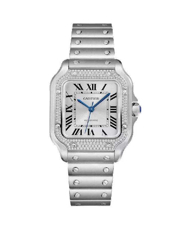 SANTOS DE CARTIER, MEDIUM, AUTOMATIC, STEEL, DIAMONDS, INTERCHANGEABLE METAL, LEATHER BRACELETS