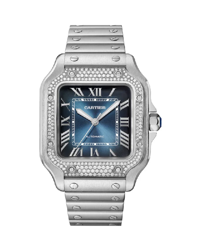 SANTOS DE CARTIER, MEDIUM , AUTOMATIC , STEEL , DIAMONDS , INTERCHANGEABLE METAL , LEATHER BRACELETS