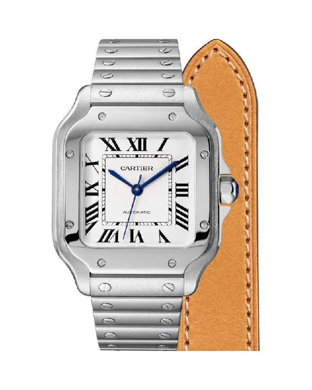 SANTOS DE CARTIER, MEDIUM, AUTOMATIC, STEEL, INTERCHANGEABLE STEEL AND LEATHER BRACELETS