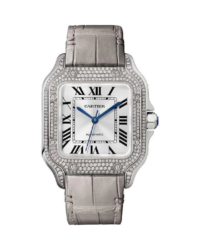 SANTOS DE CARTIER, MEDIUM, AUTOMATIC, WHITE GOLD, DIAMONDS, TWO INTERCHANGEABLE LEATHER BRACELETS