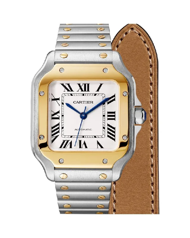 SANTOS DE CARTIER, MEDIUM, AUTOMATIC, YELLOW GOLD AND STEEL, INTERCHANGEABLE METAL AND LEATHER BRACELETS