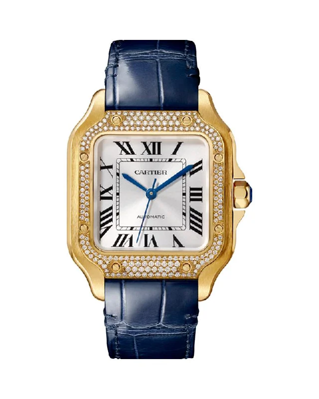 SANTOS DE CARTIER, MEDIUM, AUTOMATIC, YELLOW GOLD, DIAMONDS, TWO INTERCHANGEABLE LEATHER BRACELETS