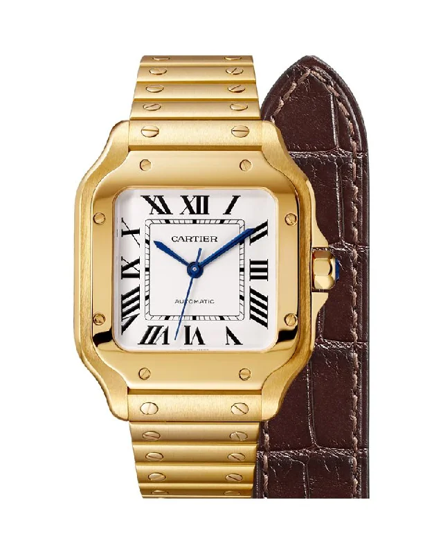 SANTOS DE CARTIER, MEDIUM, AUTOMATIC, YELLOW GOLD, INTERCHANGEABLE METAL AND LEATHER BRACELETS