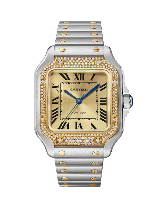 SANTOS DE CARTIER, MEDIUM, AUTOMATIC, YELLOW GOLD, STEEL, DIAMONDS, INTERCHANGEABLE METAL AND LEATHER BRACELETS