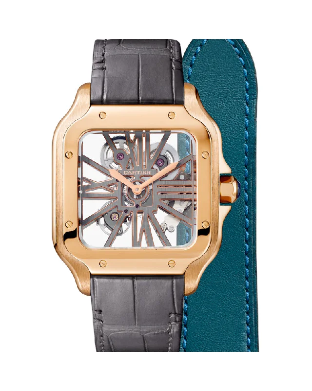 SANTOS DE CARTIER, SKELETON, LARGE, MANUAL, ROSE GOLD, INTERCHANGEABLE METAL AND LEATHER BRACELETS