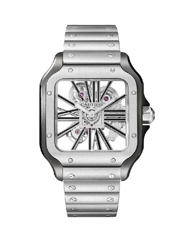 SANTOS DE CARTIER, SKELETON, LARGE, MANUAL, STEEL, INTERCHANGEABLE METAL AND LEATHER BRACELETS