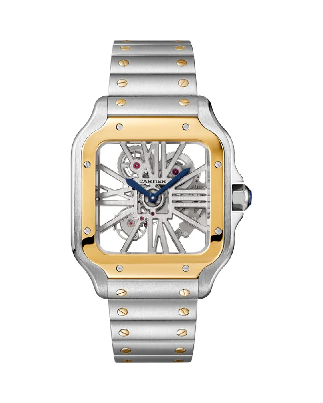 SANTOS DE CARTIER, SKELETON, LARGE, MANUAL, YELLOW GOLD AND STEEL, LEATHER, INTERCHANGEABLE METAL AND LEATHER BRACELETS