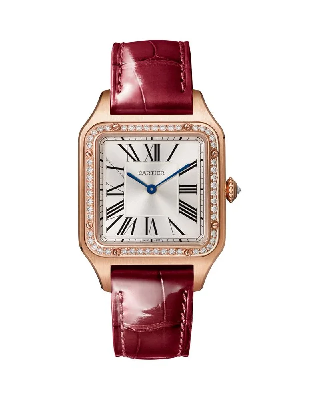 SANTOS DUMONT, LARGE, ROSE GOLD, LEATHER, DIAMONDS