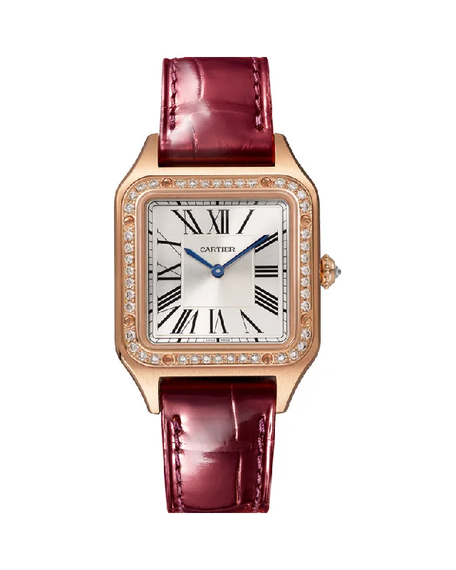 SANTOS DUMONT, SMALL, ROSE GOLD, LEATHER, DIAMONDS