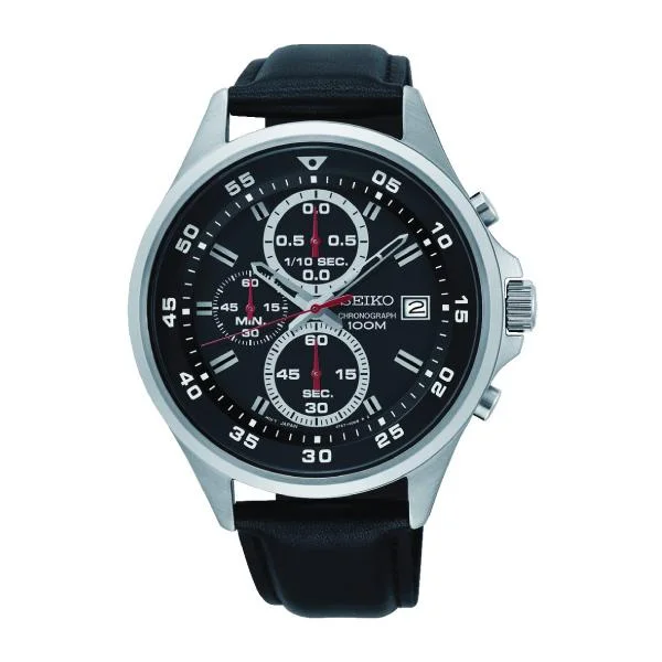 Seiko Chronograph Black Leather Strap Watch SKS635P1