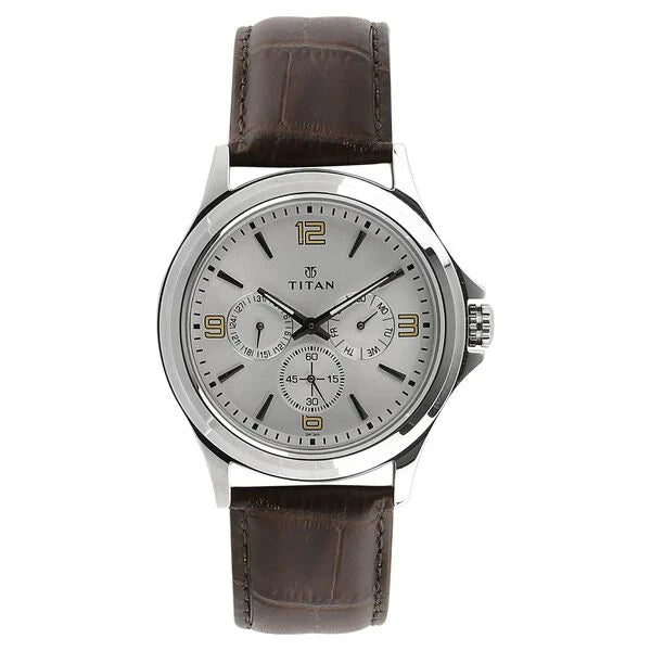 Titan Quartz Multifunction Silver Dial Leather Strap Watch for Men 1698sl01