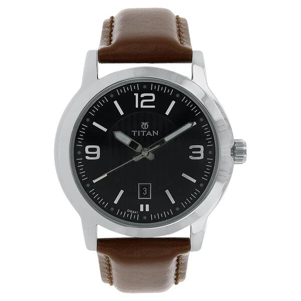 Titan Quartz Analog Black Dial Leather Strap Watch for Men 1730sl02