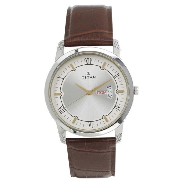 Titan Quartz Analog with Day and Date Silver Dial Leather Strap Watch for Men 1774sl01