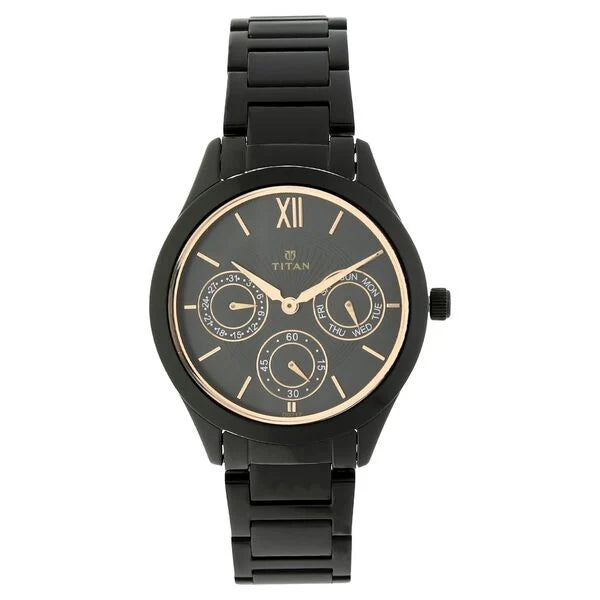 Titan Quartz Analog with Day and Date Black Dial Stainless Steel Strap Watch for Women 2570nm01