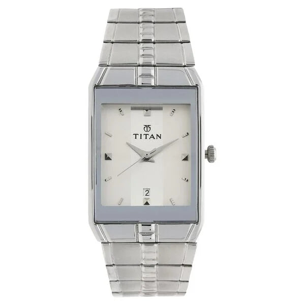 Titan Quartz Analog with Date White Dial Stainless Steel Strap Watch for Men 9151sm01