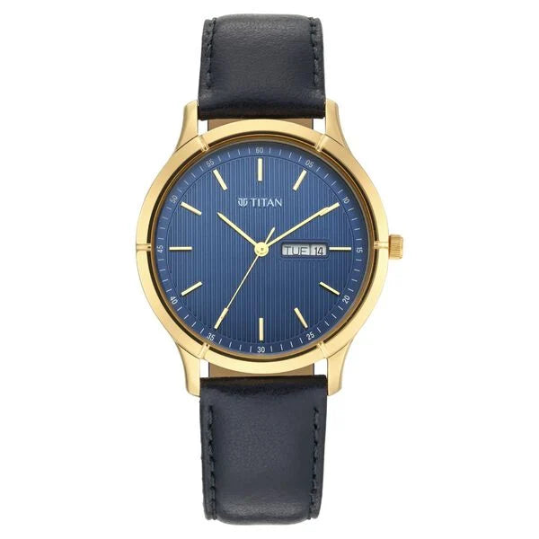 Titan Lagan Blue Dial Analog with Day and Date Leather Strap Watch for Men 1775yl02