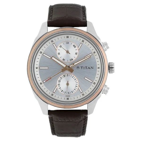 Titan Quartz Multifunction Silver Dial Leather Strap Watch for Men 1733kl02