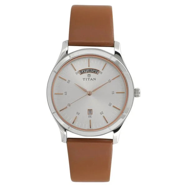 Titan On Trend White Dial Analog with Day and Date Leather Strap watch for Men 1767sl01